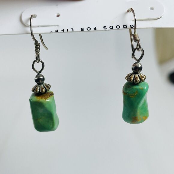 Unmarked Green Ceramic Drop Earrings 1.5" Silver Tone Dangle Boho Rustic Stone L - Picture 5 of 6